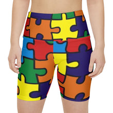 Load image into Gallery viewer, Rainbow Puzzle Print Women's Workout Shorts — Colorful Autism Awareness Activewear