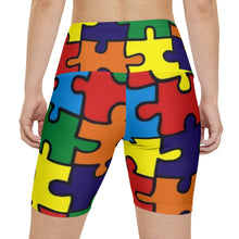 Load image into Gallery viewer, Rainbow Puzzle Print Women's Workout Shorts — Colorful Autism Awareness Activewear
