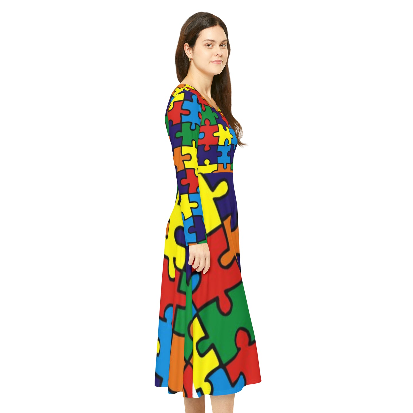 Rainbow Puzzle Piece Women's Long Sleeve Flowing Dress