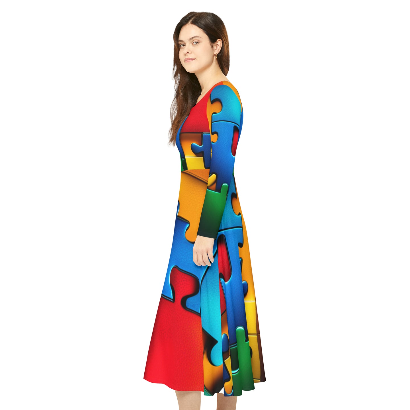 Super Hero Puzzle Piece Women's Long Sleeve Flowing Dress